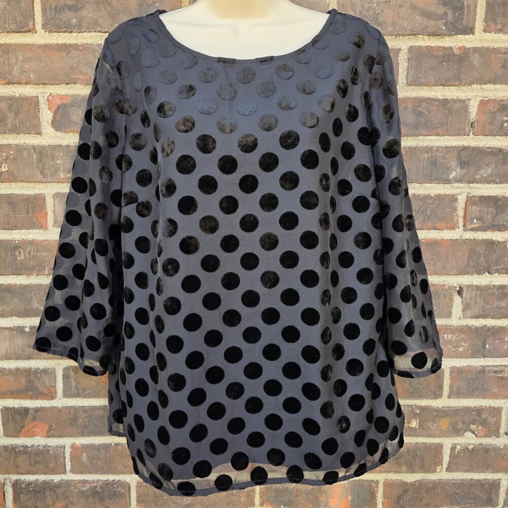 RSVP by Talbots Black Velvet Polka Dot 3/4 Sleeve Lined Shirt Top Blouse Size M